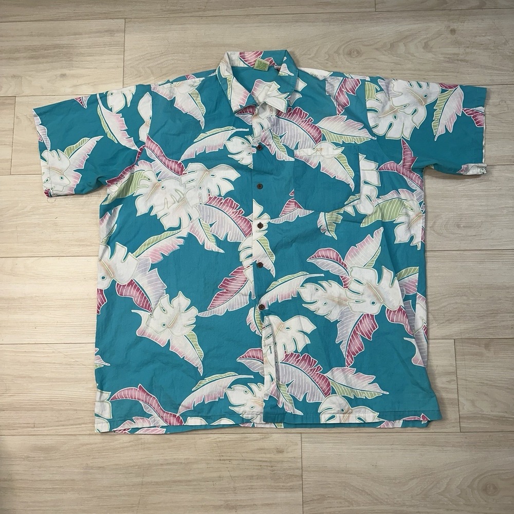 Vintage Big Kanaka Hawaiian Shirt Men's 2XL Tall Blue White Floral Print USA